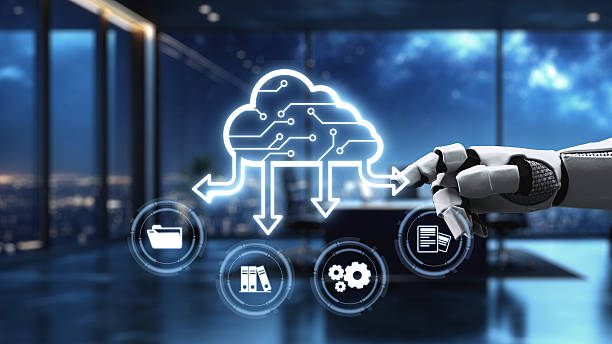 istock Futuristic robotic hand interacting with cloud technology iconography in a modern office setting showcasing data management and digital transformation concepts. Auvana 2210814719