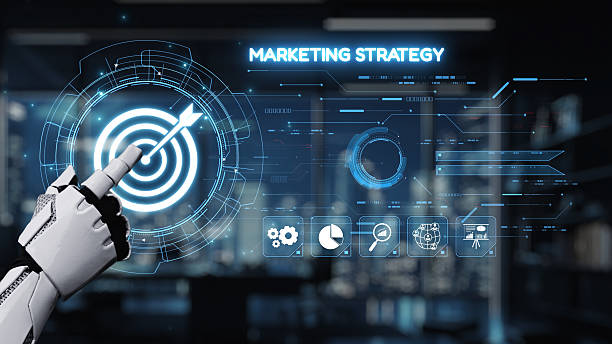 istock Futuristic Robotic Hand Pointing to Target with Digital Marketing Strategy Elements in Modern Office Setting. Auvana 2210814796