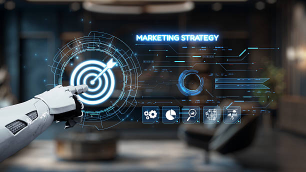 istock Futuristic Robot Arm Interacting with Digital Marketing Strategy Display in Modern Office Environment. Auvana 2210814824