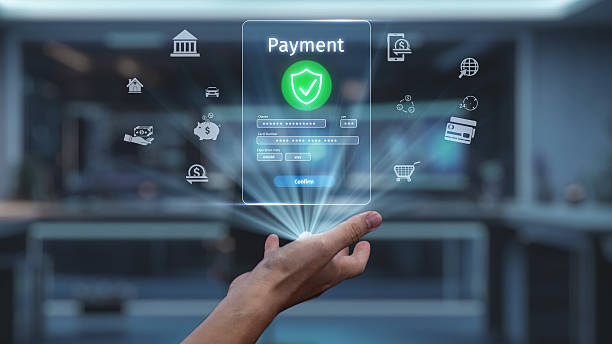 secure digital payment processing with hands and interactive interface for financial transactions and online purchases. auvana - betalen stockfoto's en -beelden