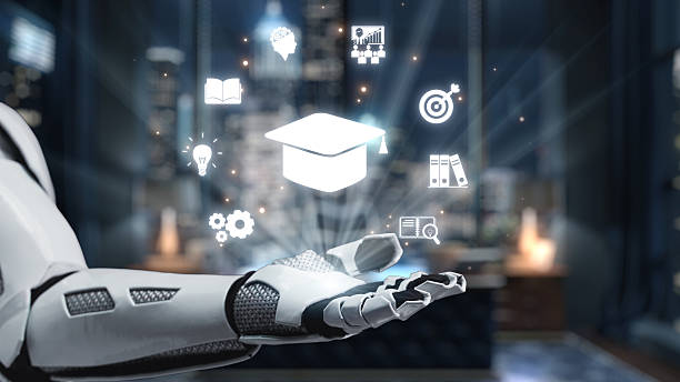 istock Futuristic robotic hand presenting education and technology icons in a modern office setting with city skyline background inspiring innovation and learning concepts. Auvana 2210815040