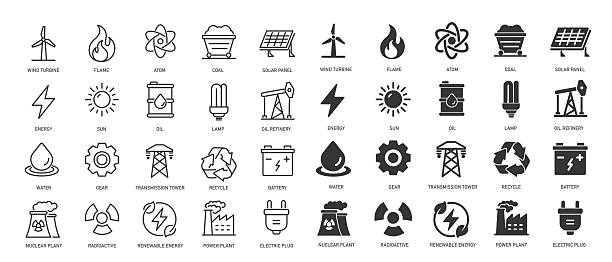 stockillustraties, clipart, cartoons en iconen met collection of energy, power, renewable energy, solar panel, electric thin line and glyph solid icon. editable stroke and perfect pixel isolated on transparent background - energie