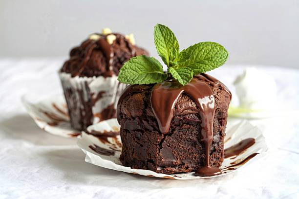 a rich, gooey brownie with a decadent chocolate muffin