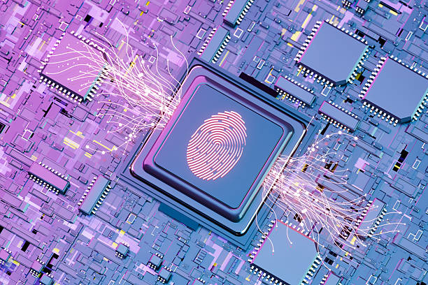 A digitally generated image featuring a fingerprint integrated onto a motherboard chip, symbolizing biometric authentication, cybersecurity, and advanced digital data protection. This futuristic design represents secure access, identity verification, and the safeguarding of sensitive information, making it ideal for cybersecurity, IT security, and digital identity themes.