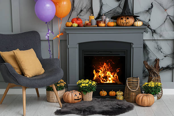 istock Stylish room interior with festive decor. Halloween celebration 2210829041