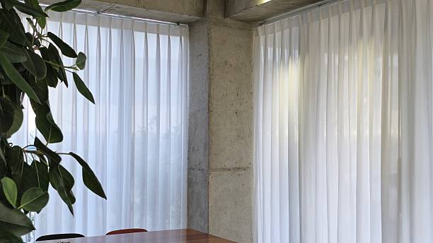 A minimalist interior with a raw concrete wall, large windows covered by white sheer curtains, and a wooden dining setup, enhanced by natural light.