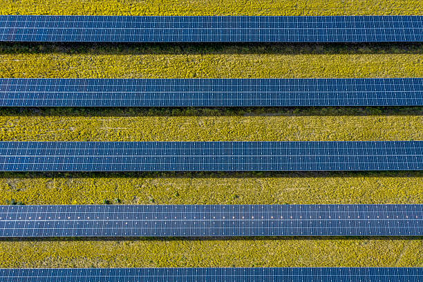 istock Solar panels in bright light, drone aerial view 2210840390