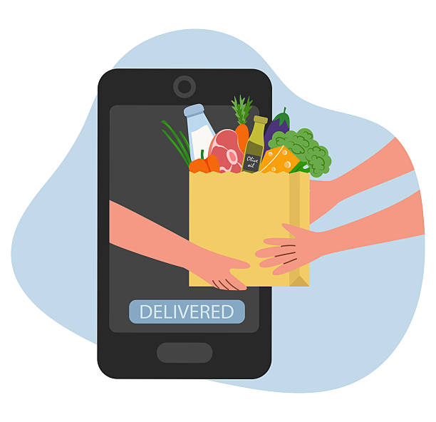 istock Hands holding a paper bag with food. Mobile application for ordering products. 2210841423