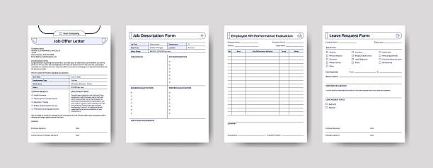 HR documents template set. Job offering letter and job description form. Employee KPI performance evaluation, leave request form HR documents template set. Job offering letter and job description form. Employee KPI performance evaluation, leave request form. A4 paper print. job description stock illustrations