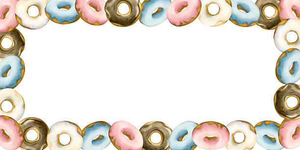 istock Cute donut frame. White, blue, pink and chocolate glaze doughnuts. Watercolor hand painted sweet food illustration 2210855413