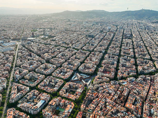 istock Aerial of Barcelona grid with hills 2210856182