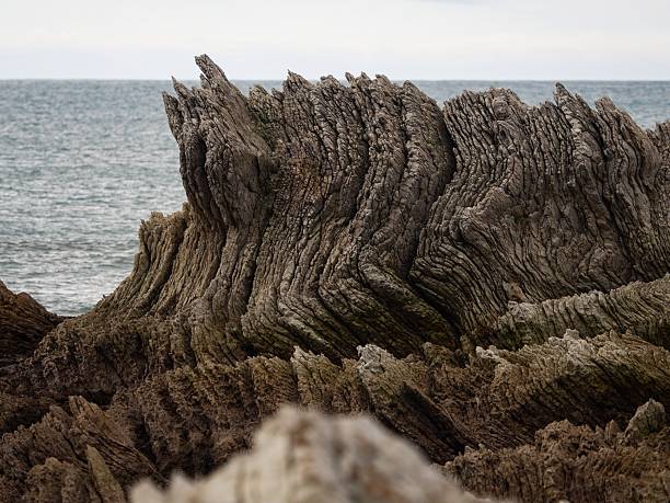 Rocky rugged coastline shore geologic layered stone rock formations, Pacific Ocean coast of Kaikoura Peninsula Canterbury South Island New Zealand