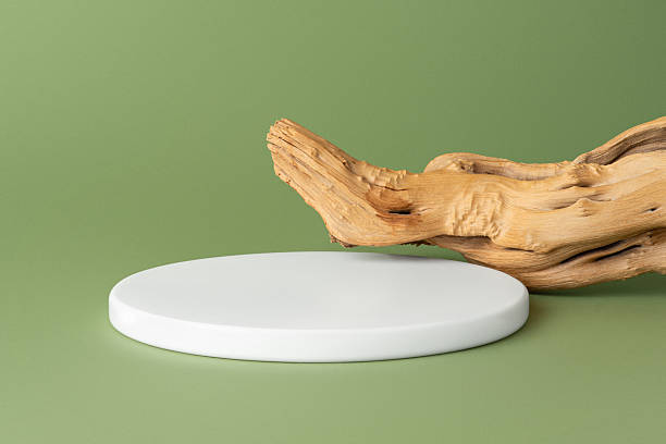 istock White round podium with dry tree root on green background 2210871286