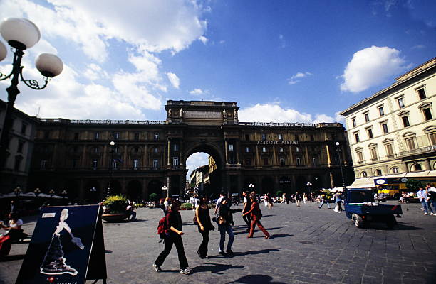 View of Piazza della Repubblica in Florence, Italy during 1990s. Piazza della Repubblica (Republic Square) is a city square and was originally the site of the city's forum.