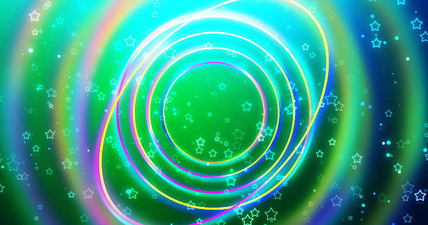 istock Joyful advertisement rings technology laser bg. Futuristic trending neon circles with blur moving stars shimmering falling backdrop. Rays with lights colorful rainbow beam. Dynamic geometric bg. 2210878064