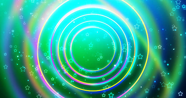 istock Joyful advertisement rings technology laser bg. Futuristic trending neon circles with blur moving stars shimmering falling backdrop. Rays with lights colorful rainbow beam. Dynamic geometric bg. 2210878069