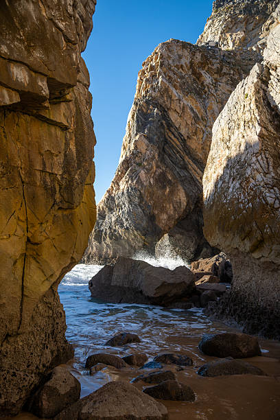 Ursa beach near Cape Roca (Cabo da Roca) at Atlantic ocean coast in Portugal. Sand beach among rocks. Summer landscape.