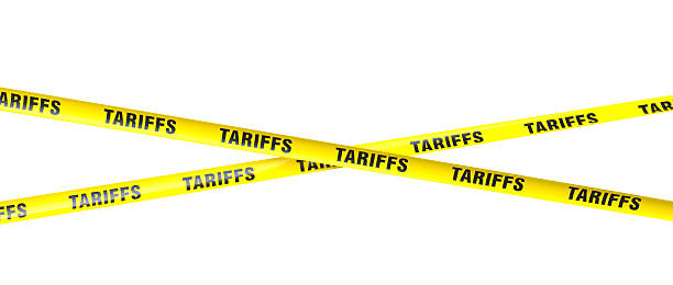 istock Tariffs barrier tapes crossing each other on white background 2210881678