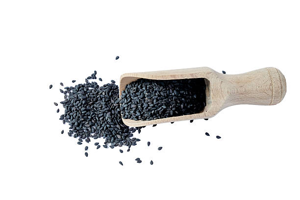 istock Black sesame seeds with wooden scoop on white background. 2210881806