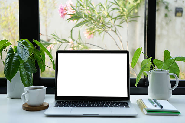 istock Laptop with white screen and coffee drink and plants, cozy indoor work space 2210885558