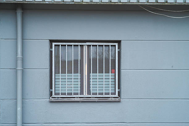 Brown metal security grate over a window.