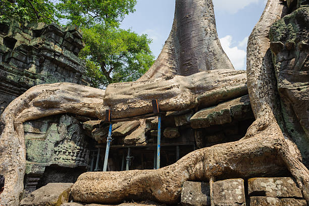 Cambodia, Siem Reap, Angkor Wat, two brothers , young buddhist monks sitting in ruins.