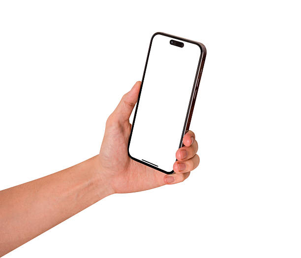 istock Hand showing smartphone with blank screen isolated on white background. High quality studio shot. Concept for technology, business, finance and advertising. 2210892602