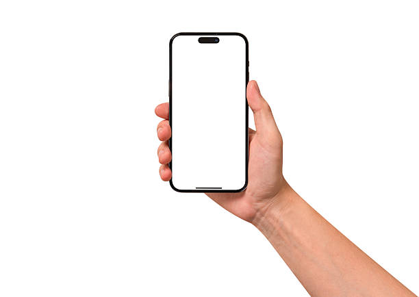 istock Hand showing smartphone with blank screen isolated on white background. High quality studio shot. Concept for technology, business, finance and advertising. 2210892604