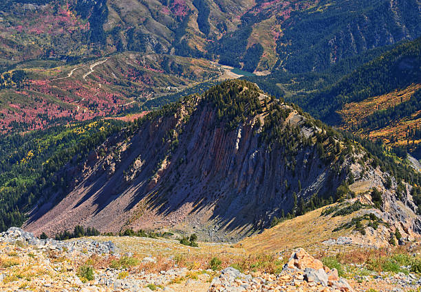 Box Elder Peak hiking views from trail, American Fork Canyon. Lone Peak, Mt Timpanogos, Wasatch Range Rocky Mountains, Utah, United States