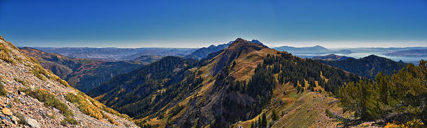 Box Elder Peak hiking views from trail, American Fork Canyon. Lone Peak, Mt Timpanogos, Wasatch Range Rocky Mountains, Utah, United States