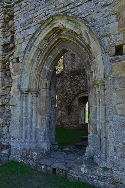 An exterior view of the ruined Easby abbey church building in the Richmond area of Yorkshire in England.
