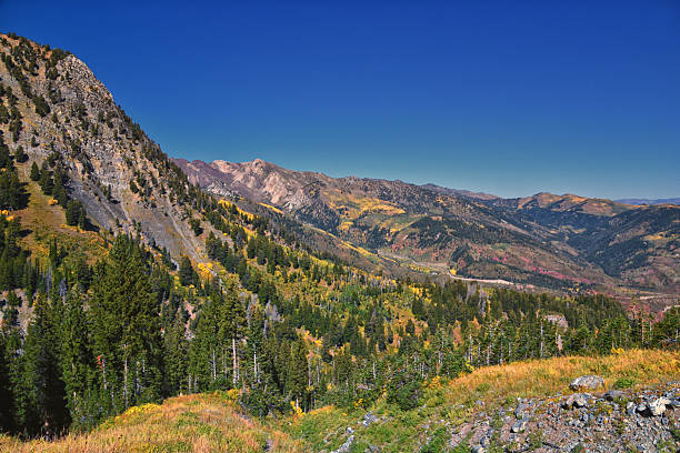 Box Elder Peak hiking views from trail, American Fork Canyon. Lone Peak, Mt Timpanogos, Wasatch Range Rocky Mountains, Utah, United States