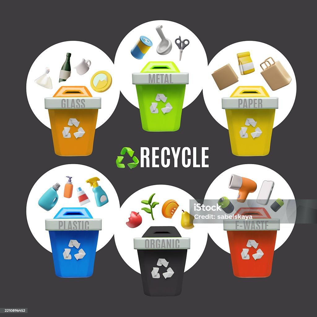 Garbage Sorting Symbol Garbage Sorting Containers With Recycle Symbol Vector Metal Paper Glass ...