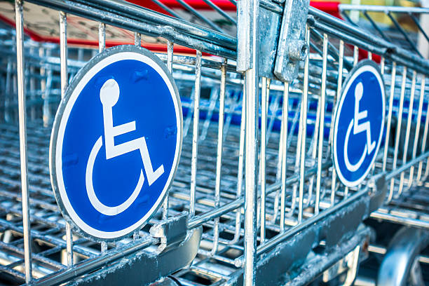 Carts with wheelchair symbols are securely parked outside a grocery store, ensuring accessible shopping options for customers with mobility needs.