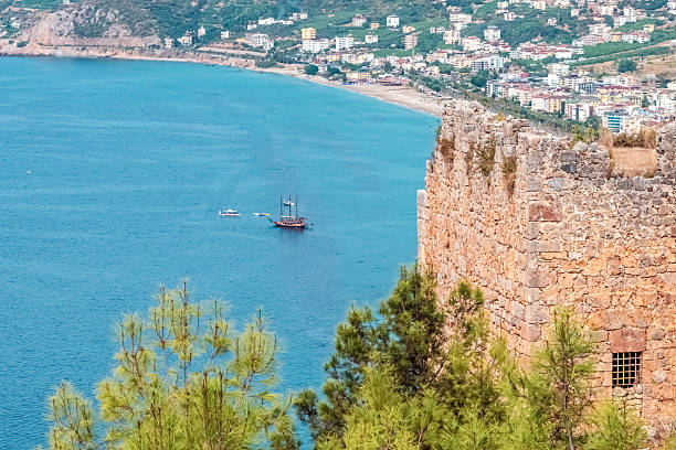 A view from Alanya Castle, highlighting the ancient stone walls overlooking Kleopatra Beach, Turkey. A traditional ship sails on the blue Mediterranean waters, creating a stunning coastal scene