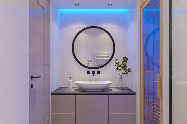 Modern Bathroom Vanity with Ambient LED Lighting and Warm Sauna Atmosphere