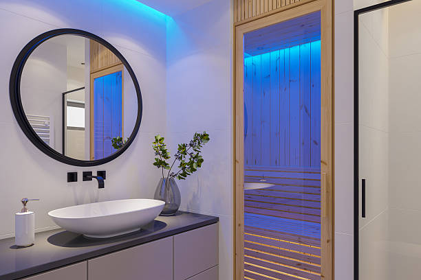 istock Modern Bathroom Vanity with Ambient LED Lighting and Warm Sauna Atmosphere 2210914230