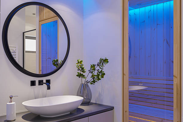 istock Modern Bathroom Vanity with Ambient LED Lighting and Warm Sauna Atmosphere 2210914585
