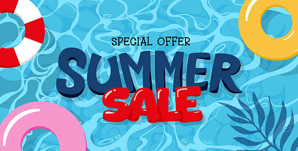 istock Summer sale banner template with palm leaves, water splashes, pool water background. Summer sale text. Vector illustration of flyer, brochure and ads. Happy summer background. 2210918561