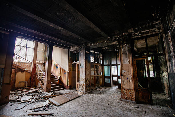 istock Burnt interiors after fire in industrial or office building 2210920228