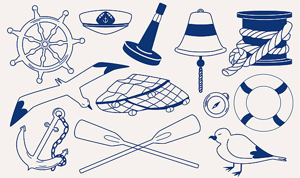 Nautical vintage icons set. Vector hand drawn monochrome  illustration of beacon, anchor, fishing net, sea animals. Marine design elements