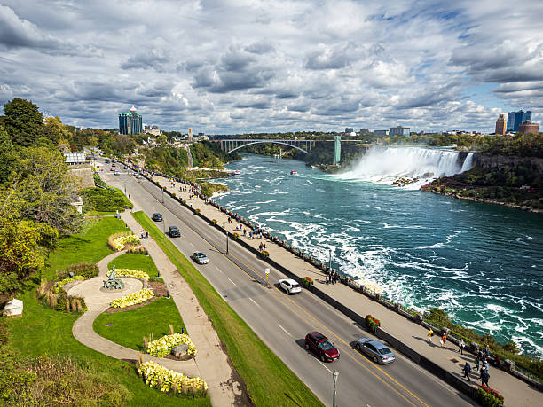 American falls and Rainbow bridge from Niagara City, Canada