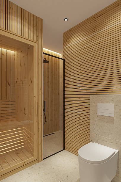 istock Scandinavian-Style Compact Bathroom with In-Home Sauna and Warm Lighting 2210921010