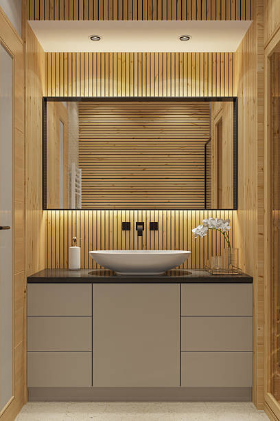 istock Scandinavian-Style Compact Bathroom with In-Home Sauna and Warm Lighting 2210921045
