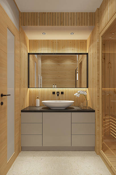 istock Scandinavian-Style Compact Bathroom with In-Home Sauna and Warm Lighting 2210921046