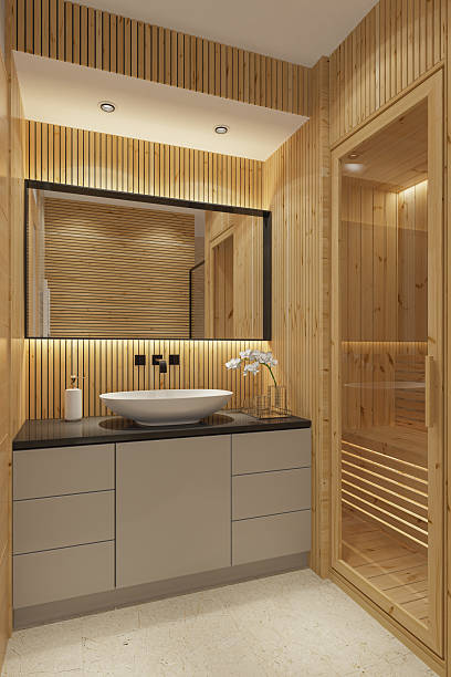 istock Scandinavian-Style Compact Bathroom with In-Home Sauna and Warm Lighting 2210921048
