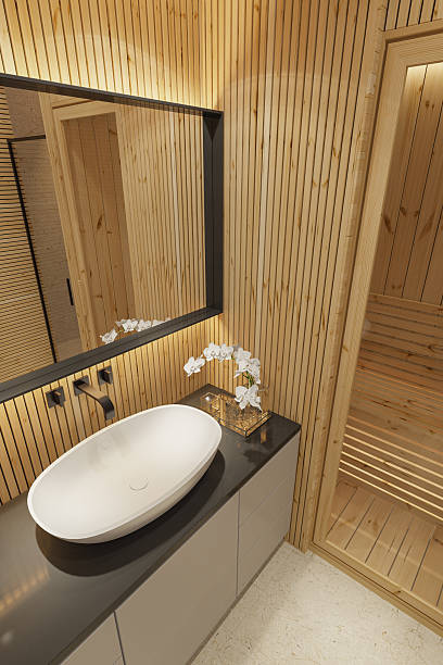 istock Scandinavian-Style Compact Bathroom with In-Home Sauna and Warm Lighting 2210921078