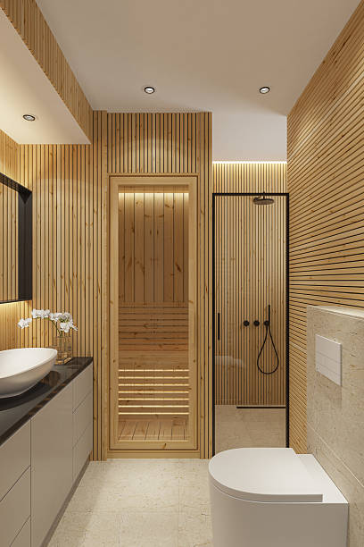 istock Scandinavian-Style Compact Bathroom with In-Home Sauna and Warm Lighting 2210921096