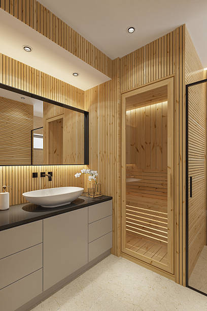 istock Scandinavian-Style Compact Bathroom with In-Home Sauna and Warm Lighting 2210921146