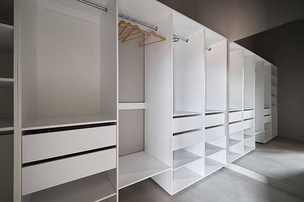 This stylish walkin closet showcases modern white shelving that is perfect for enhancing organization and aesthetics